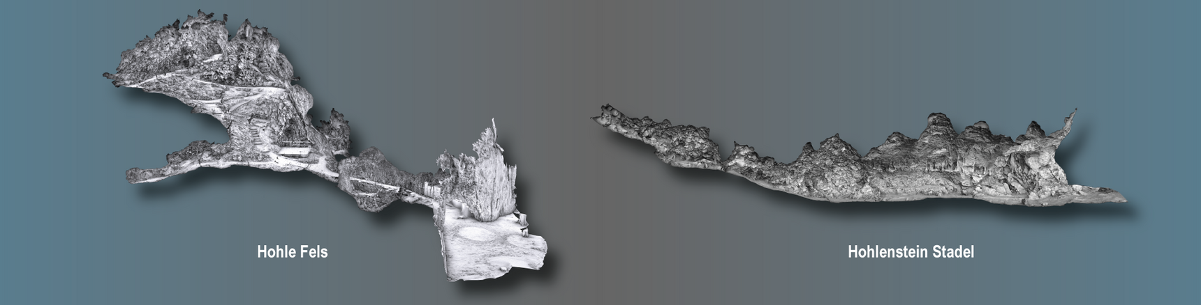 3D-Models offer virtual views to the inside of caves. These illustrations show the Hohle Fels (left) and the Hohlenstein Stadel Cave (right).