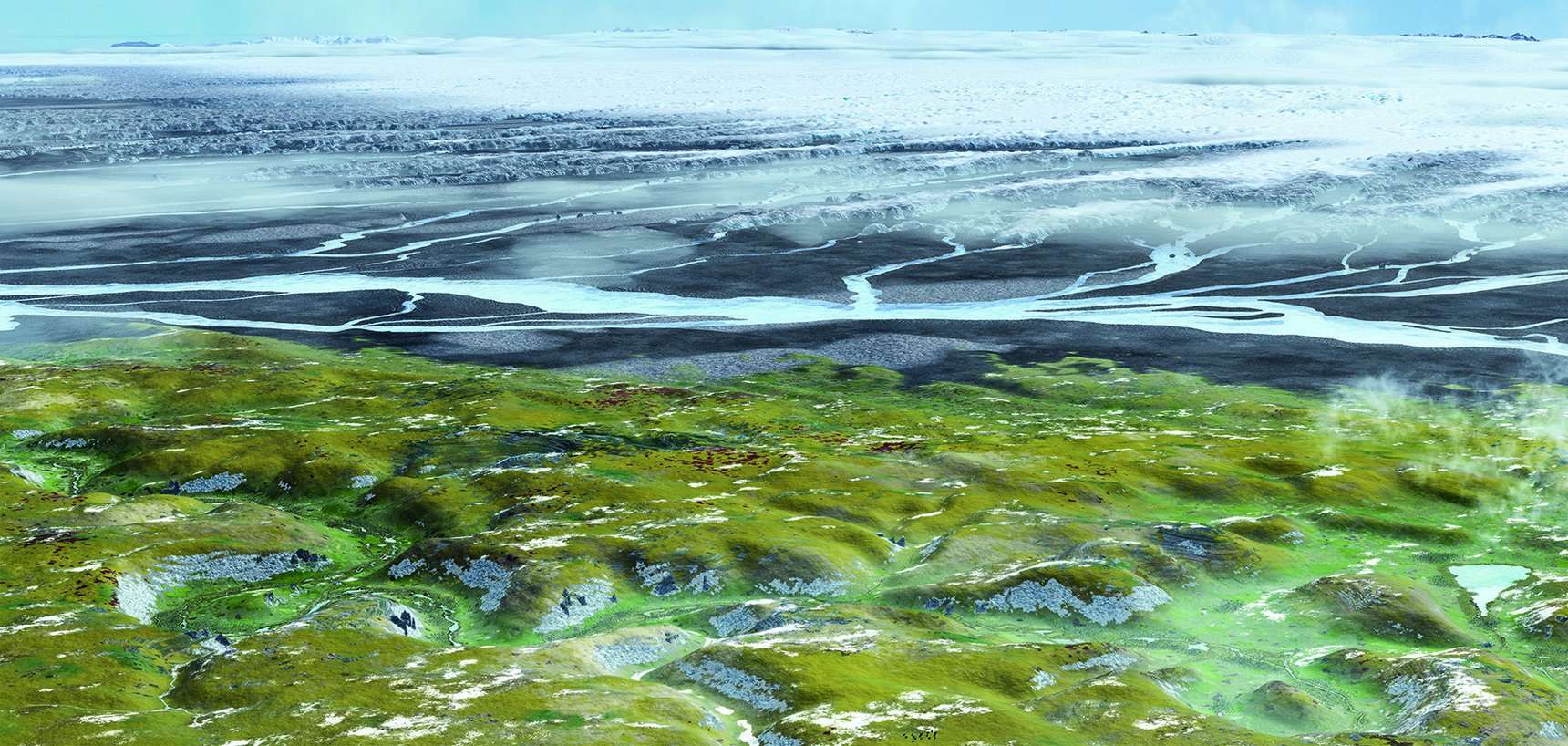 Rekonstruierte Eiszeit-Landschaft der Schwäbischen Alb mit den Alpengletschern im Hintergrund. Das Achtal ist im Vordergrund zu sehen. Die Grafik wird als Wandbild im Urgeschichtlichen Museum Blaubeuren präsentiert.
