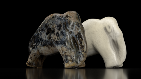 3D-Modell einer Mammutfigur aus der Vogelherdhöhle, mit und ohne Fototextur.