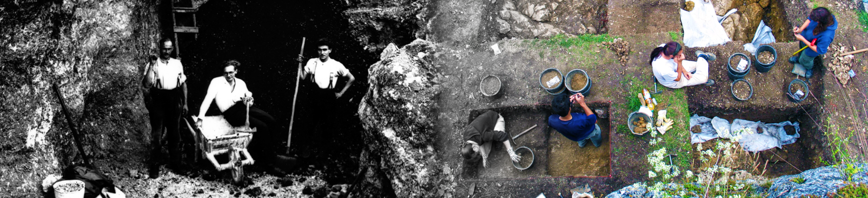 Excavations in Vogelherd Cave in 1931 (left) and in the backdirt of these old excavations in 2008 (right).